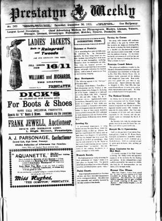 cover page of Prestatyn Weekly published on December 30, 1911