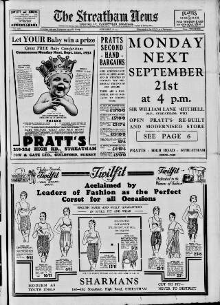 cover page of Streatham News published on September 18, 1931