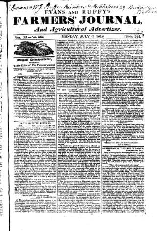 cover page of Evans and Ruffy's Farmer's Journal published on July 6, 1818