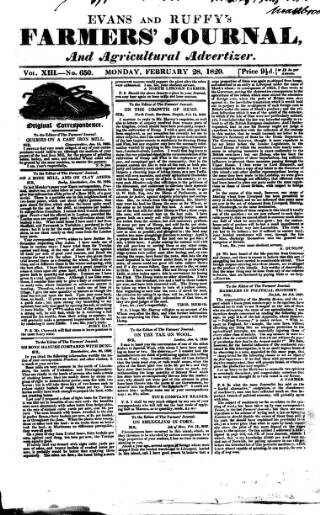 cover page of Evans and Ruffy's Farmer's Journal published on February 28, 1820