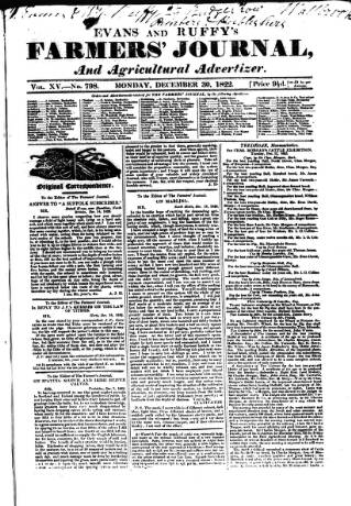 cover page of Evans and Ruffy's Farmer's Journal published on December 30, 1822