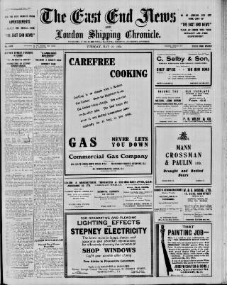 cover page of East End News and London Shipping Chronicle published on May 29, 1934