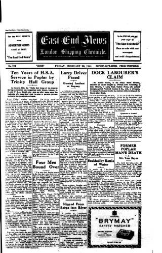 cover page of East End News and London Shipping Chronicle published on February 28, 1941
