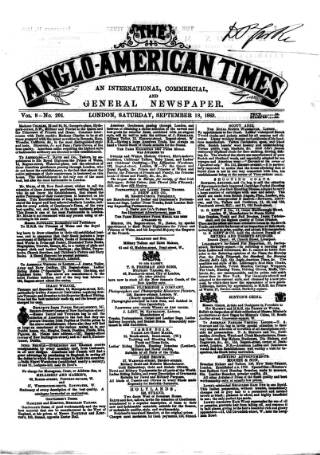 cover page of Anglo-American Times published on September 18, 1869