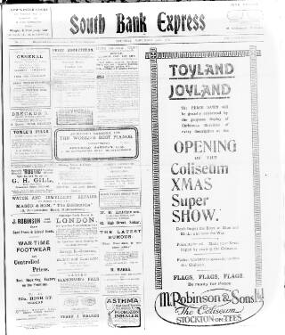cover page of South Bank Express published on November 30, 1918