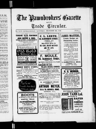 cover page of Pawnbrokers' Gazette published on December 30, 1916