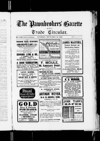 cover page of Pawnbrokers' Gazette published on September 18, 1920