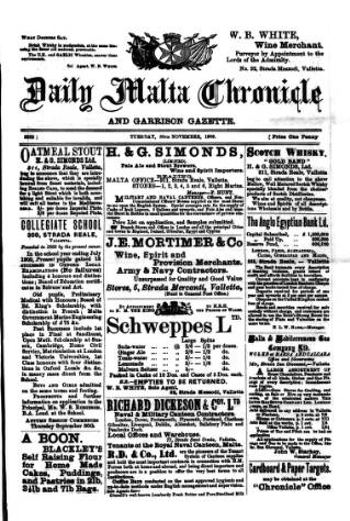 cover page of Daily Malta Chronicle and Garrison Gazette published on November 30, 1909
