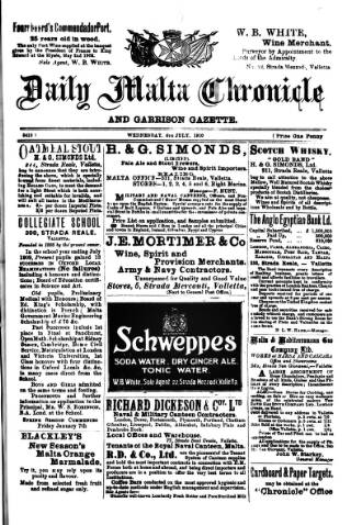 cover page of Daily Malta Chronicle and Garrison Gazette published on July 6, 1910