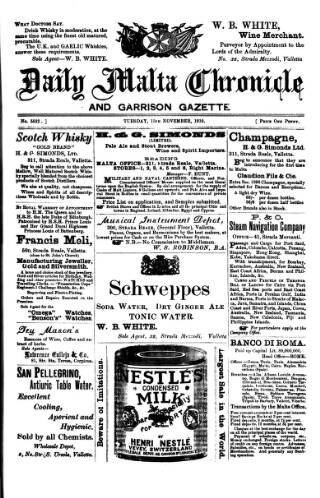 cover page of Daily Malta Chronicle and Garrison Gazette published on November 15, 1910