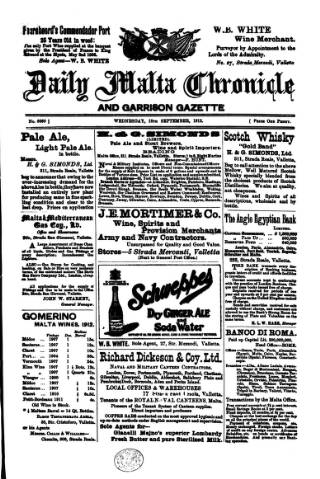 cover page of Daily Malta Chronicle and Garrison Gazette published on September 18, 1912