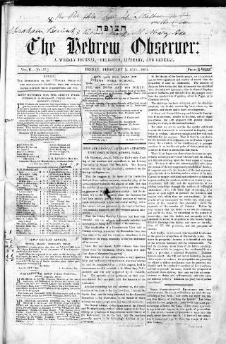 cover page of Hebrew Observer published on February 3, 1854