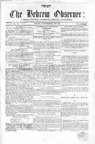 cover page of Hebrew Observer published on November 24, 1854