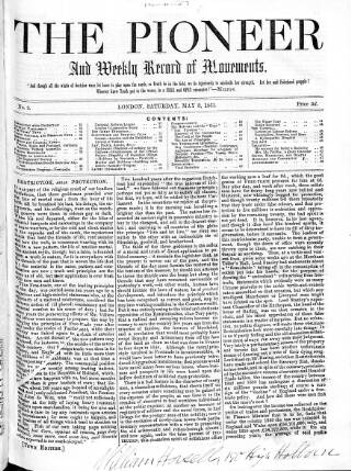 cover page of Pioneer and Weekly Record of Movements published on May 3, 1851