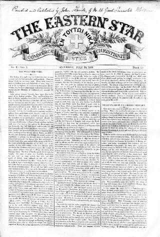cover page of Eastern Star published on July 30, 1853