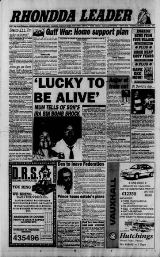 cover page of Rhondda Leader published on February 28, 1991
