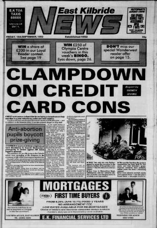 cover page of East Kilbride News published on September 18, 1992