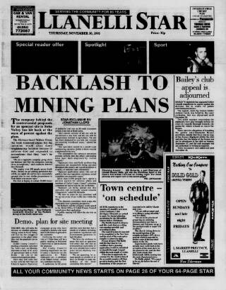 cover page of Llanelli Star published on November 30, 1995