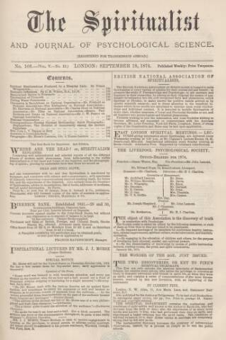 cover page of Spiritualist published on September 18, 1874