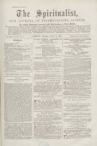 cover page of Spiritualist published on July 6, 1877