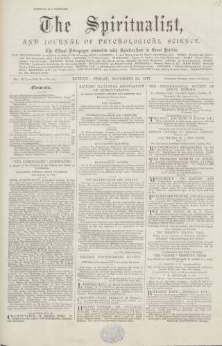 cover page of Spiritualist published on November 30, 1877