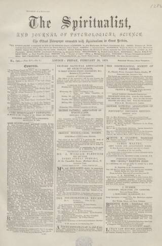 cover page of Spiritualist published on February 28, 1879