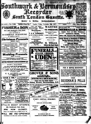 cover page of Southwark and Bermondsey Recorder published on November 30, 1917