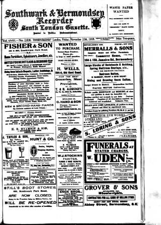 cover page of Southwark and Bermondsey Recorder published on November 15, 1918