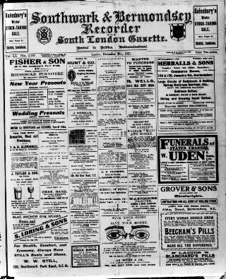 cover page of Southwark and Bermondsey Recorder published on December 30, 1921