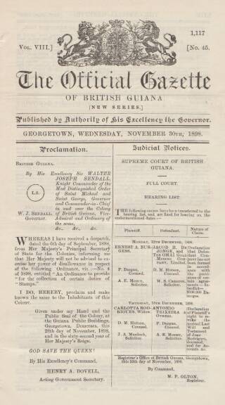 cover page of Official Gazette of British Guiana published on November 30, 1898