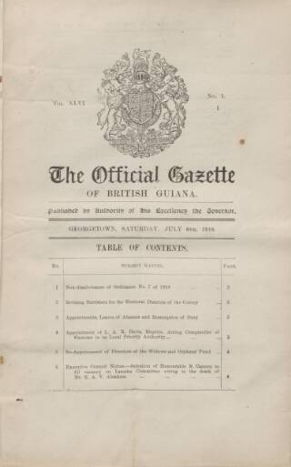 cover page of Official Gazette of British Guiana published on July 6, 1918