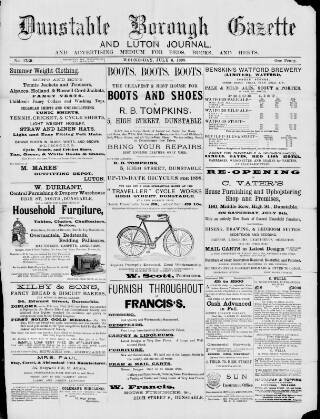 cover page of Dunstable Gazette published on July 6, 1898