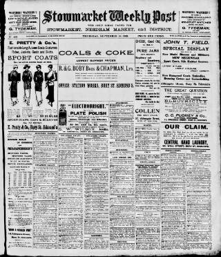cover page of Stowmarket Weekly Post published on September 18, 1913