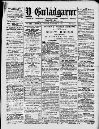 cover page of Y Gwladgarwr published on November 15, 1878