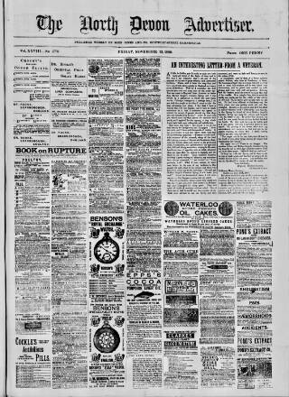 cover page of North Devon Advertiser published on November 15, 1889