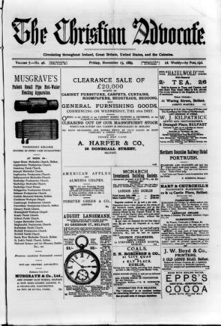 cover page of Irish Christian Advocate published on November 15, 1889