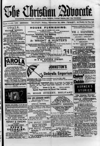 cover page of Irish Christian Advocate published on November 30, 1894