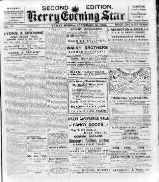 cover page of Kerry Evening Star published on September 18, 1905