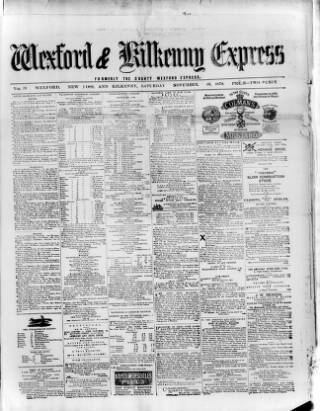 cover page of Wexford and Kilkenny Express published on November 15, 1879