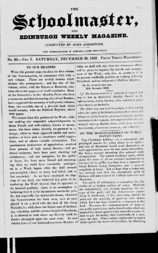 cover page of Schoolmaster and Edinburgh Weekly Magazine published on December 29, 1832