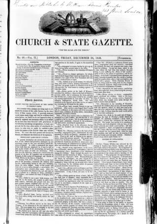 cover page of Church & State Gazette (London) published on December 30, 1842