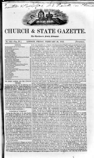 cover page of Church & State Gazette (London) published on February 28, 1845