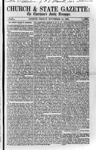 cover page of Church & State Gazette (London) published on November 15, 1850