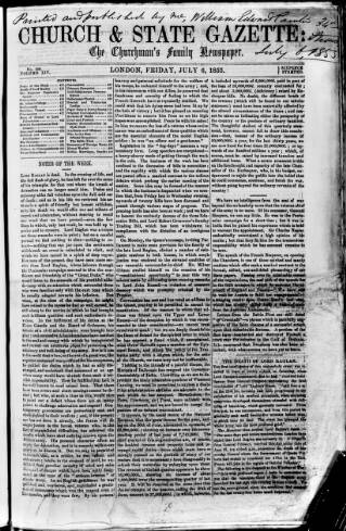 cover page of Church & State Gazette (London) published on July 6, 1855