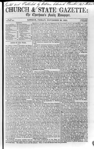 cover page of Church & State Gazette (London) published on November 30, 1855