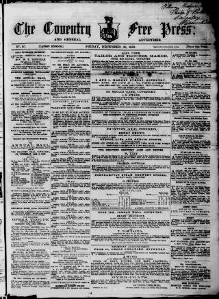 cover page of Coventry Free Press published on December 30, 1859