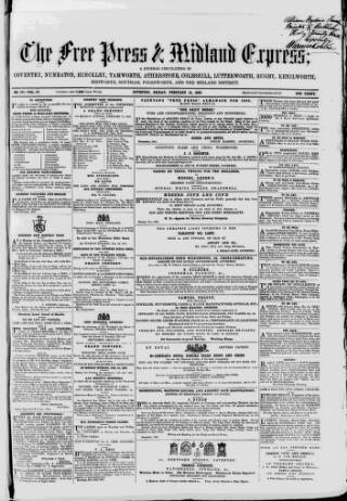 cover page of Coventry Free Press published on February 14, 1862