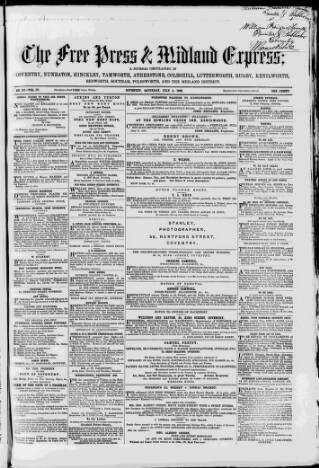 cover page of Coventry Free Press published on July 4, 1862