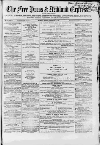 cover page of Coventry Free Press published on September 27, 1862