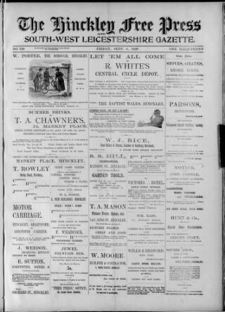 cover page of Hinckley Free Press published on September 8, 1899